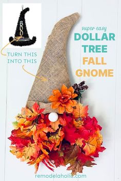 a burlap witch's hat with fall leaves and pumpkins on it