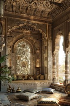 an intricately decorated room with lots of pillows