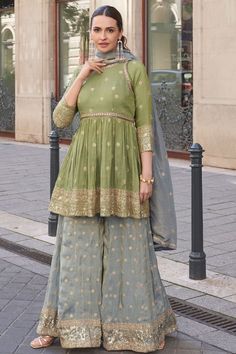 Pistachio Green Embroidered Shimmer Designer Sarara Kameez Diwali Dresses For Women Latest, Diwali Dresses For Women, Wedding Sharara, Green Sharara, Bleu Pastel