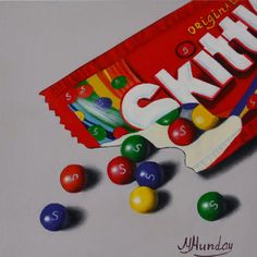 an oil painting of a bag of skim and some candy balls on a table