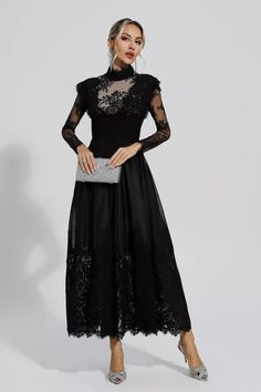 Jamie Black Floral Lace Stitching Long Sleeve Dress Dantel Dress, Element Dress, Silver Sequin Top, Glitter Wedding Dress, Bandage Midi Dress, Floral Shirt Dress, Puff Sleeve Dresses, Gothic Dress, Black Long Sleeve Dress