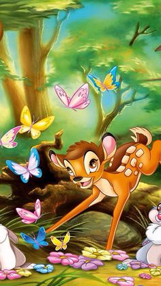 the jungle animals are playing with each other in front of some trees and butterflies on the ground