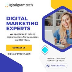 a flyer for digital marketing experts with a woman in blue shirt and yellow hexagonal background