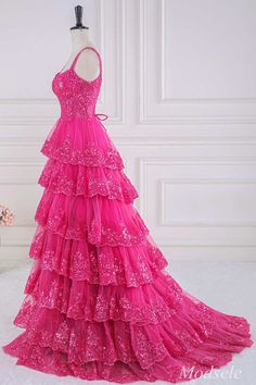 Fuchsia Tulle Sequin Sweetheart Ruffle Multi-Layer Ball Gown – Modsele Pink Gown For Pageant During Prom Season, Pink Lace Fitted Ball Gown, Pink Gown With Sweetheart Neckline For Debutante Ball, Pink Sweetheart Neckline Gown For Quinceanera, Pink Quinceanera Gown With Sweetheart Neckline, Pink Lace Prom Gown, Pink Gown With Sweetheart Neckline And Fitted Bodice, Pink Sweetheart Neckline Bridesmaid Gown, Pink Gown For Pageant In Prom Season