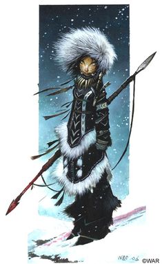 a drawing of a person in winter clothes holding two arrows and standing in the snow