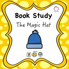 the magic hat book study with yellow polka dot background and blue hat on it's side