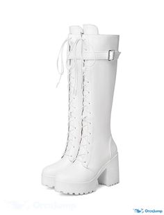 OrcaJump - Womens Leather PU Lace-up Knee Boots with Wide Heels and Round Toes - Minimalistic Fall/Winter White/ White High Boots, Fall Heel, Tall Lace Up Boots, Fall Heels, Knee High Boots Winter, Wide Heels, Gogo Boots, High Heel Boots Knee, 2023 Trends