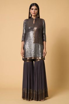 Charcoal short kurta in color block pattern metallic sequin embroidery. Comes with coordinating gharara and sheeted two tone dupatta. - Aza Fashions Kurta Patterns, Short Kurta, Color Block Pattern, Sequin Embroidery, Block Pattern, Sequins Embroidery, Fashion App, Modern Bride, Silk Chiffon