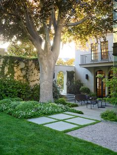 a large tree in the middle of a yard with some chairs and tables around it