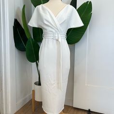 Adyce Surplice Neck Off Shoulder Backless Front Buckle Belted Cocktail Dress Size: S Condition: Never Worn Material: 95% Polyester, 5% Elastane Price: Negotiable Smoke And Pet Free Home White Off Shoulder, White Belt, Belted Dress, Belt Buckles, Off Shoulder, Cocktail Dress, Color White, Midi Dress, Buckle