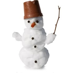 a snowman wearing a brown hat and holding a stick