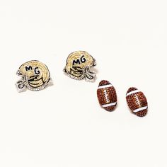 Football Helmet Studs Gold Sports Earrings, Gold Football, Baseball Earrings, Embroidered Earrings, Football Earrings, Mignonne Gavigan, Studs Gold, Football Helmet, Steel Post