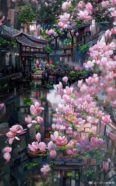 an artistic painting of pink flowers floating in the air over a river with buildings and trees