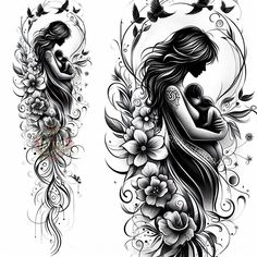 two tattoo designs with flowers and butterflies on each side of the woman's body