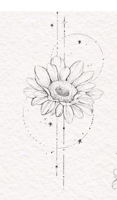 a drawing of a sunflower with stars on the side and a heart in the middle