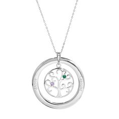 Always keeps your loved ones close to your heart with the 2 Stone Personalized Birthstone Crystal Family Tree Pendant. You can customize your necklace by adding two engravings and adding two of our beautiful birthstones from our collection of 12. Personalized Silver May Birthstone Necklace, Personalized Silver Birthstone Necklace For May, Engraved Sterling Silver Birthstone Necklace For Mom, Personalized Silver Necklace For May Birthstone, Silver Necklace With Birthstone For Keepsake, Round Sterling Silver Birthstone Necklace For Anniversary, Sterling Silver Custom Necklace With Birthstone For Anniversary, Custom Sterling Silver Birthstone Necklace For Anniversary, Engraved Silver Round Birthstone Necklace