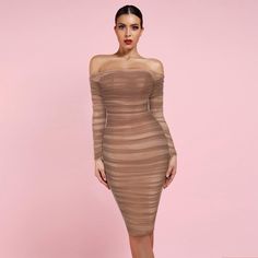 Give yourself a style reboot and slip into this gorgeous Brown Off Shoulder Long Sleeve Mesh Bodycon Dress. Featuring an off-shoulder cut, long sleeves, and a sleek, curve-hugging silhouette, this hot little dress is the answer to your evening wardrobe problems. Style it with statement earrings and a matching clutch and you'll be unstoppable. Features: Off-Shoulder Cut Long Sleeves Slim Fit Knee Length SKU: 1454 Long Sleeve Mesh Bodycon Dress, Mesh Long Sleeve Bodycon Dress, Bodycon Dress Online, Mesh Bodycon Dress, Mini Bodycon Dress, Ruched Bodycon Dress, Perfect Woman, Little Dresses, Classy Women