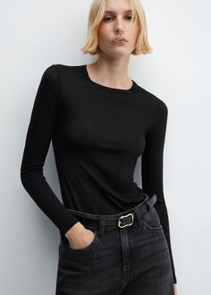 Round-neck long-sleeved t-shirt - Woman | MANGO USA Chic Long Sleeve T-shirt For Spring, Chic Long Sleeve Spring T-shirt, Chic Long Sleeve T-shirt For Fall, Elegant Long Sleeve T-shirt For Fall, Spring Long Sleeve Workwear T-shirt, Long Sleeve Spring Workwear T-shirt, Black T Shirt Long Sleeve Woman, Black High Stretch Crew Neck T-shirt, Comfortable Black Long Sleeve T-shirt