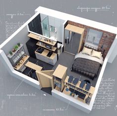 an overhead view of a bedroom and kitchen in a small apartment, with the floor plan printed out