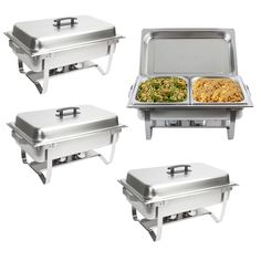 four stainless steel chafing dishes with trays on the sides and side by side