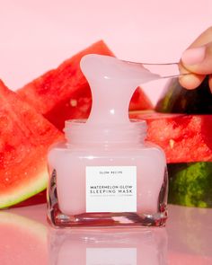 Pink watermelon mask being scooped from jar surrounded by real watermelons Profumo Victoria Secret, Overnight Face Mask, Watermelon Glow Sleeping Mask, Watermelon Glow, Glowing Skin Mask, Glow Recipe, Skin Care Items, Sleeping Mask, Natural Beauty Tips