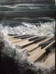 an oil painting of a piano in the water with white foam on it's surface