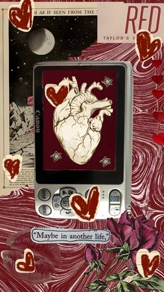 a cell phone with hearts drawn on the screen and an image of a human heart