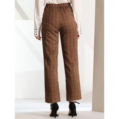 These pants are essential for dressing up or down. Lightweight fabric, covered in a plaid pattern, shapes these trendy trousers with a high-rise fit. How it is a bit high waist and how it gathers at the waist adding shape to the body. You may love everything about these trousers, from their regular fit to the elastic high-waist, which could double as a hiding mechanism for women with love handles. Style these trousers with a crop top and heels for the ultimate look. This fashionable and trendy c Plaid Pants For Workwear, Plaid Straight Pants For Work, Plaid Straight Work Pants, Casual Pants With Elastic Waistband For Office, Casual Plaid Bottoms, Casual Plaid Office Bottoms, Chic Plaid Straight Leg Pants, Casual Plaid Bottoms For Office, Chic Plaid Straight Leg Bottoms