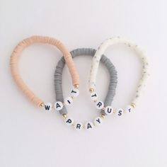 White Stretch Bracelet With Letter Beads For Personalized Gift, Flexible White Beaded Bracelet With Letter Beads, Christian Beaded Bracelets Words, Playful White Stretch Bracelet With Letter Beads, Letter Bracelet Beads Ideas, Word Stretch Bracelets, Bracelets With Words, Scripture Bracelet, Pray Wait Trust