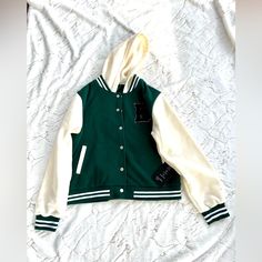 This Beautiful Varsity Green, White And Black Jacket Is Perfect To Add And An Extra Touch To Your Outfit. It Is Amazing And Super And Comfortable. Size Large. New With Tags. Only One In Stock, Get It Before It’s Gone!! Green White Outfit, Black Varsity Jacket, Varsity Jackets, Baseball Jacket, Shirt And Pants, Black Jacket, Black Green, Varsity Jacket, White And Black