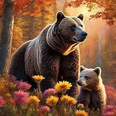 two bears are standing in the woods with flowers and trees around them, one bear is holding its cub's paw