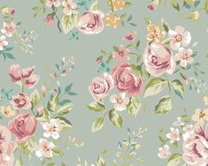 a floral wallpaper with pink, yellow and green flowers on a light blue background