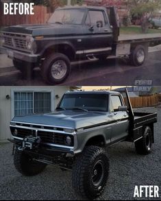 the before and after pictures of an old ford bronco pick up truck with flat bed