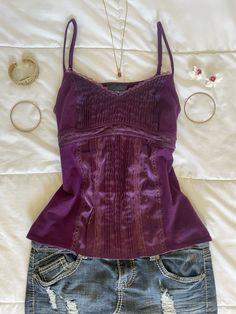 Original post 😊 outfit inspiration 🌷   #clothes #outfitinspo #summer #summeroutfit #tanktops #summertanktops #inspiration Purple Tank Outfit, Purple Lace Top Outfit, Purple Lace Tank Top, Purple Tank Top Outfit, Faye Webster Concert Outfit, Mini Skirt Summer Outfit, Lace Tank Tops Outfit, Purple Lace Top, Tank Top Outfit