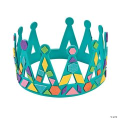 a blue crown with colorful designs on it