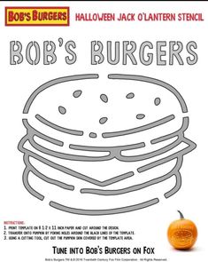 an advertisement for bob's burgers with a pumpkin in the foreground and a large hamburger on the front