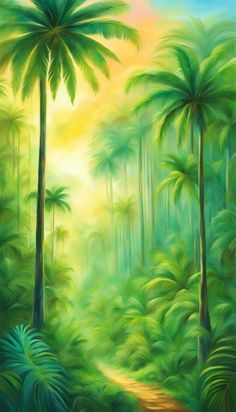 an oil painting of a tropical forest with palm trees