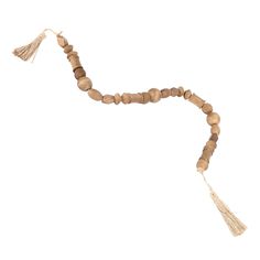 a long wooden beaded necklace with tassels