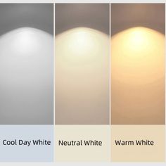 four different shades of white and neutral with the text cool day white natural white warm white