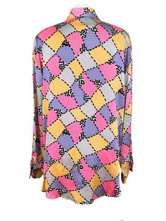 "Original 80s Vintage 100% Silk Abstract Pop Art Geometric Check Print Ladies Men's Unisex Button-Down Shirt Blouse size Large, Smart Casual Street Style Wear to Work Career Pastel Colours Festival Retro Party Buttoned Multi-Coloured Easter Shirt Blouse Tunic Top Eye-popping retro buttoned 100% silk satin shirt by Corey B from the 80s in abstract pop-art check geometric pattern and yellow, pink lilac purple black grey and white colors. The shirt is made of pure, a bit glossy silk satin fabric. A Multicolor Long Sleeve Tops With Button Closure, Multicolor Retro Print Button-up Top, Retro Collared Party Tops, Multicolor Collared Party Shirt, Spring Retro Party Shirt, Retro Long Sleeve Multicolor Print Top, Retro Long Sleeve Patchwork Shirt, Printed Long Sleeve Shirt For Party, Multicolor Retro Print Long Sleeve Top