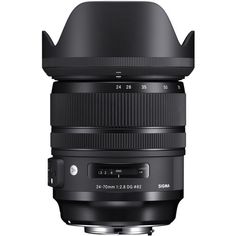 the zoom lens is shown with an external hood on it's top and bottom