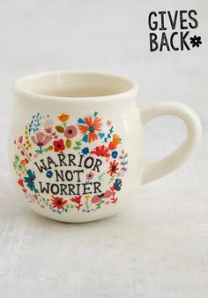 a white coffee mug with the words warrior not worried on it's front and side