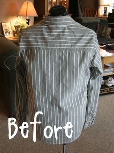 the back of a jacket that has been turned into a mannequin with words before and after