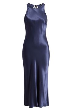 Lustrous satin skims every curve in a simple yet stunning night-out dress designed to showcase your shoulders. 53" length (size Medium) Back keyhole with tie closure Jewel neck Sleeveless, with cutaway shoulders 55% rayon, 45% viscose Dry clean Imported Blue Satin Finish Sleeveless Dress, Silk Navy Blue Slip Dress, Blue Satin Midi Slip Dress, Blue Midi-length Slip Dress For Party, Navy Slip Dress, Navy Midi Dress, Satin Midi Dress, Jewel Neck, Night Out Dress