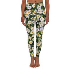 Please Note: Our shop Return policy accepts returns - except items listed and/or described as 'custom'. Leggings Pattern. Leggings Women.    For UK / AU SIZE GUIDE check notes at the end of the description and see images for sizing guide. Fresh Daisies... Floral custom Green and White flower Leggings, Women's Yoga Leggings. Make a bold statement with these fully custom unique and funky fresh flower leggings.   Fresh Daisies in an all-over print are so pretty and whimsical.  They are made of stre Fitted Floral Print Leggings For Spring, Flower Leggings, Animal Print Leggings, White Leggings, Floral Leggings, Legging Outfits, Leggings Pattern, Good Stretches, Boutique Design