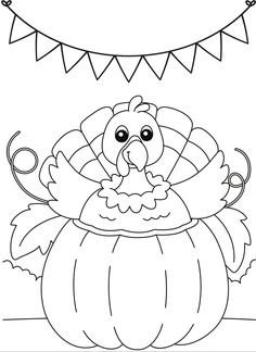 a cartoon turkey sitting in a pumpkin