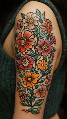 a woman's arm with flowers and leaves painted on the upper half of her arm