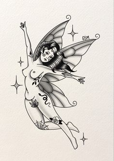 a drawing of a fairy with stars on her back