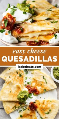 quesadillas on a plate with salsa and guacamole