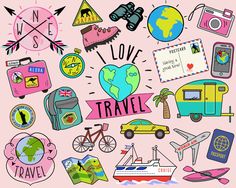 a collection of travel related items on a pink background with the words i love travel